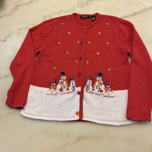 Crystal-Kobe Womens Christmas Winter Snowman Cardigan Sweater Red Size Large
